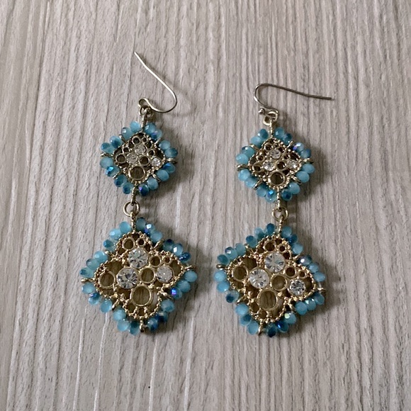 Beautiful Blue Beaded Gold & Silver Hanging Earrings - Picture 2 of 2